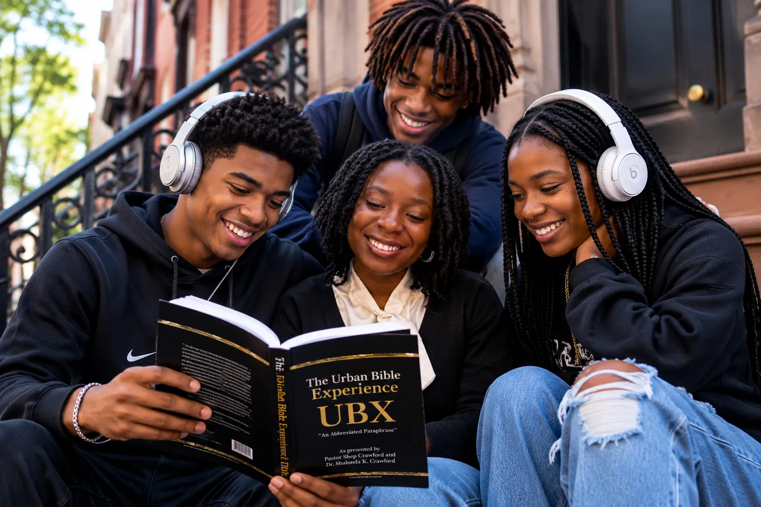 Four friends in headphones reading The Urban Bible Experience book together on a stoop